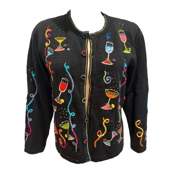 80s BERER 2 BLACK & MULTI-COLOR COCKTAILS HOUR W STREAMERS CARDIGAN SWEATER SZ S - Picture 3 of 12